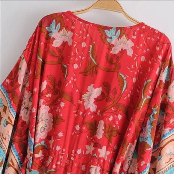 Bohemian Red Floral Gypsy Kimono Long Maxi Dress - Picture 11 of 16